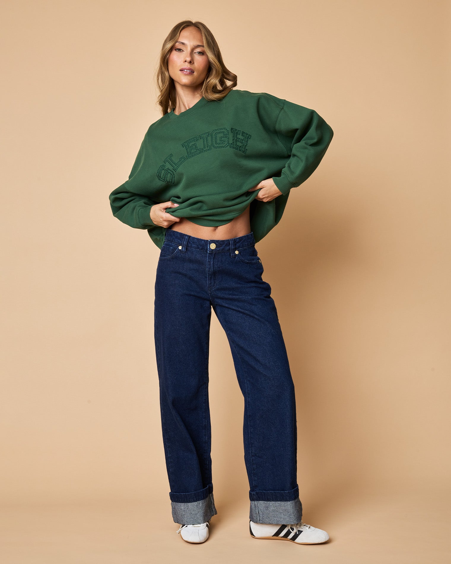 Women's green holiday fleece sweatshirt with embroidery