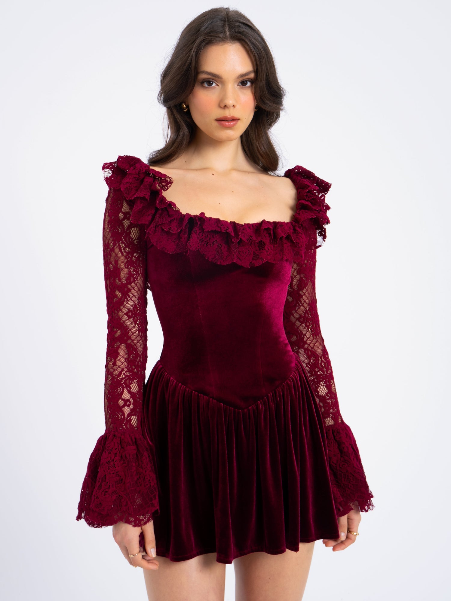 Yachira Velvet Lace Flare Sleeve Mini Dress | Burgundy