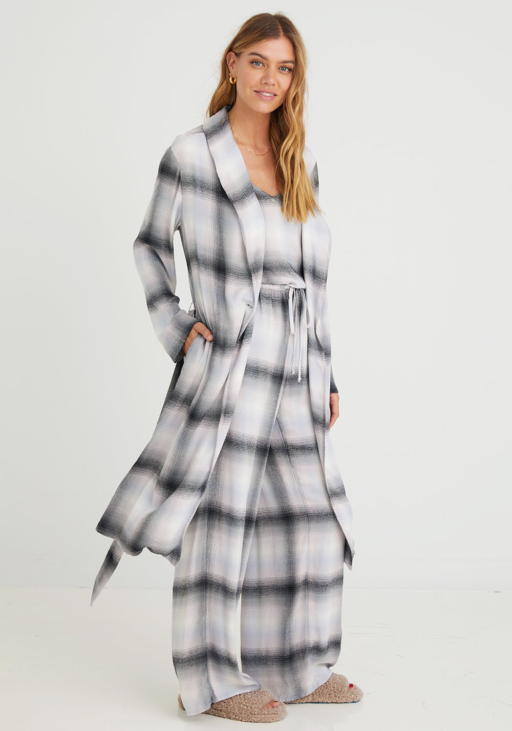 Long Sleeve Shawl Collar Robe | Lilac Ombre Plaid