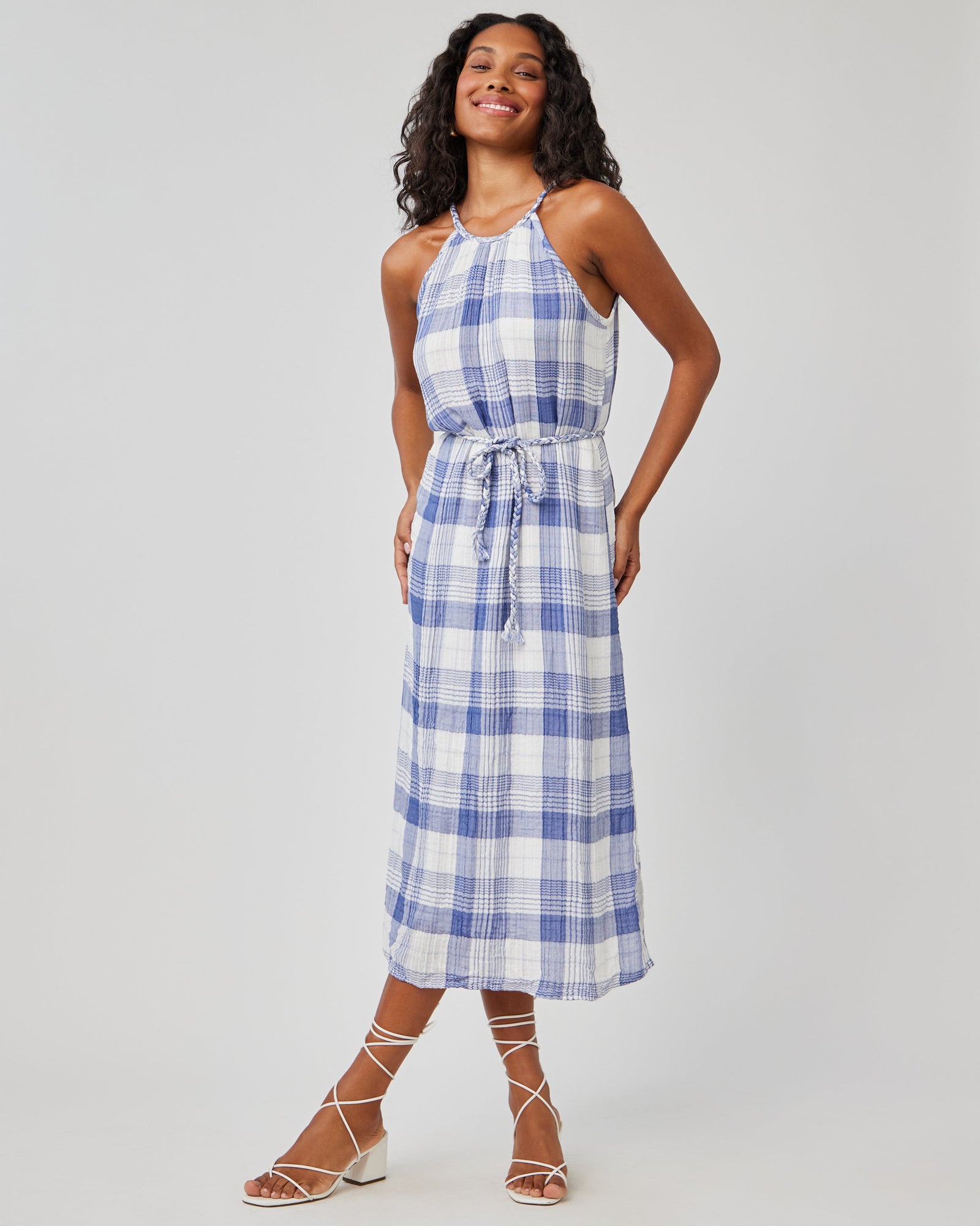 Braided Halter Midi Dress | Pacific Blue Plaid