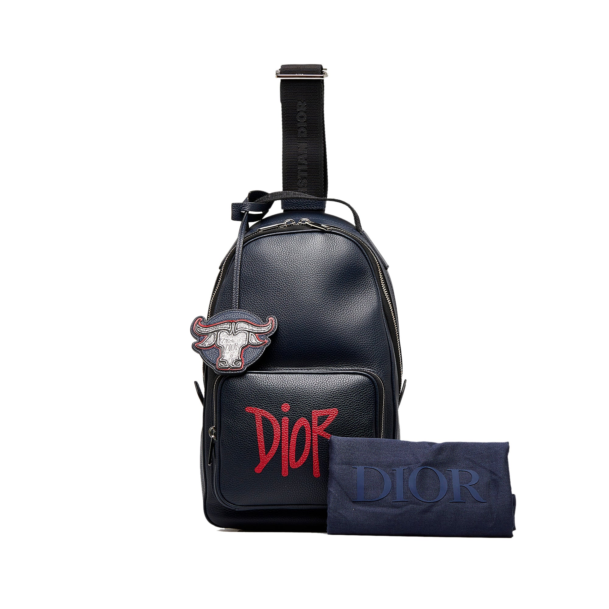 Dior | Pre-Owned Shawn Stussy Grained Calfskin Year of the Ox Sling Bag | Blue/Navy