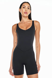 Bandier | V-Neck Tempo Short Catsuit | Black