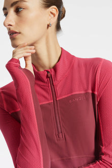 Bandier | Pro Fleece 1/4 Zip Color Block Long Sleeve Top | Cordovan/Pink Herringbone