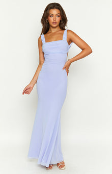 Lilac mesh maxi dress with a square neckline, wide ruched straps, and a fitted ruched bodice flowing into a sheer skirt
