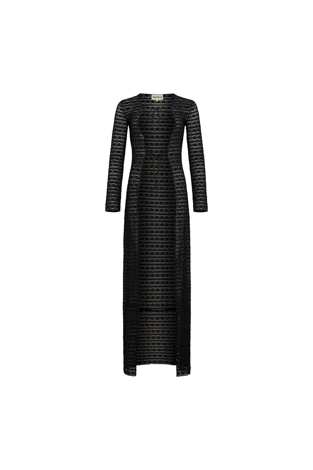 Black lace kimono with daisy pattern, long sleeves, and floor-length open front design.