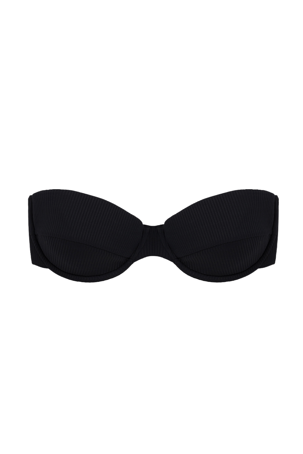 Black ribbed bikini top with structured bustier cups and center front seam detail.