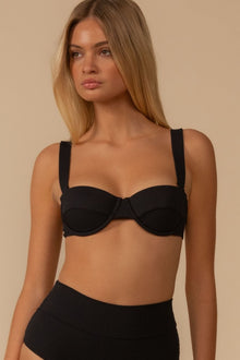 Black ribbed bustier bikini top with underwire cups and adjustable shoulder straps.