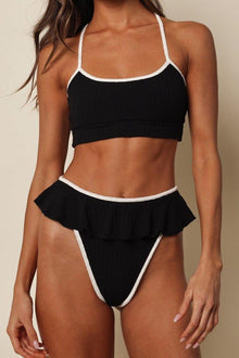 (Cream Binded) Tamarindo Ruffle Bikini Bottom | Black Cream Binded Terry Rib