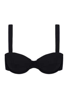 Black ribbed bustier bikini top with underwire cups and thin shoulder straps.