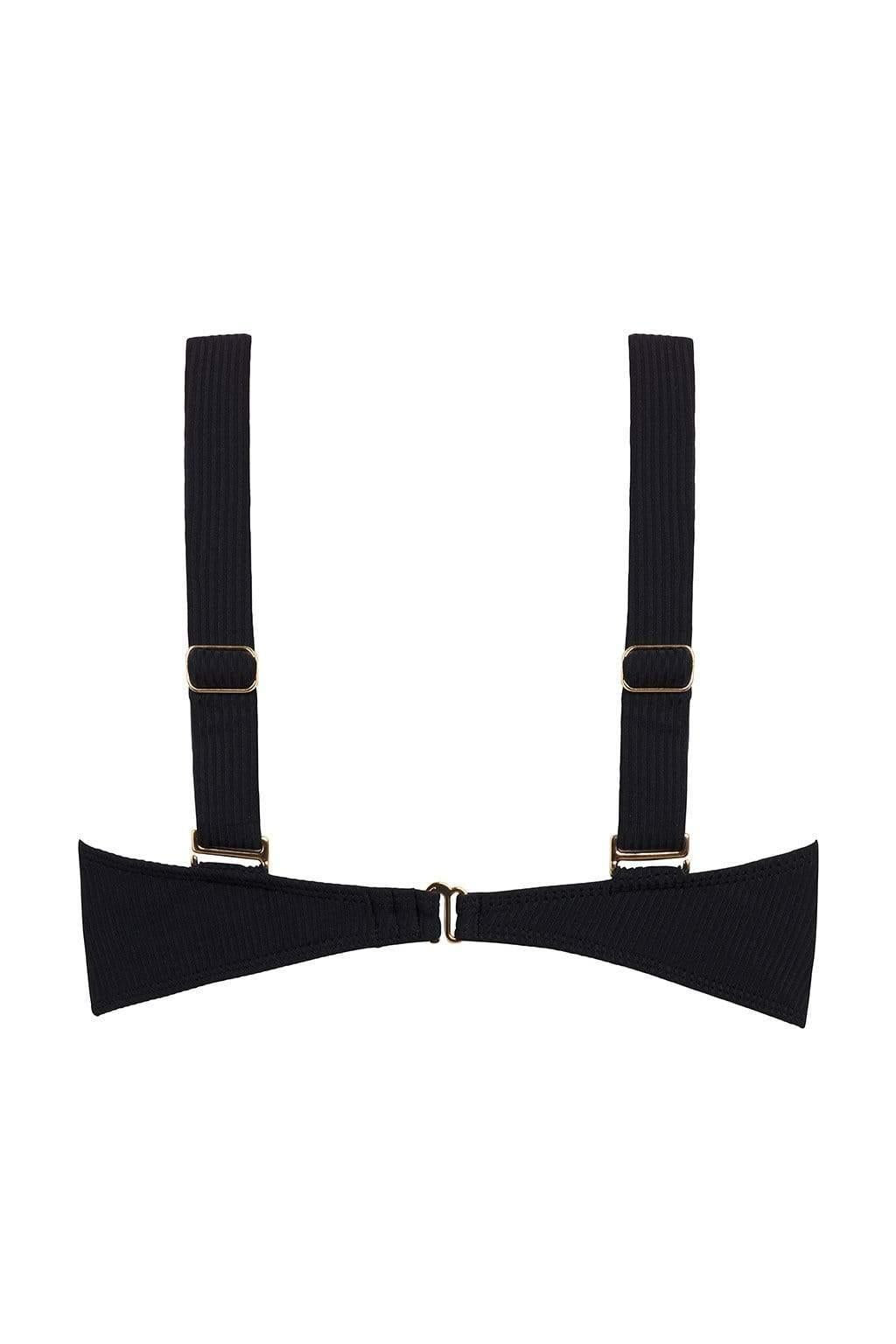 Black ribbed bikini top with bow-shaped cups, adjustable shoulder straps with metal hardware and center clasp.
