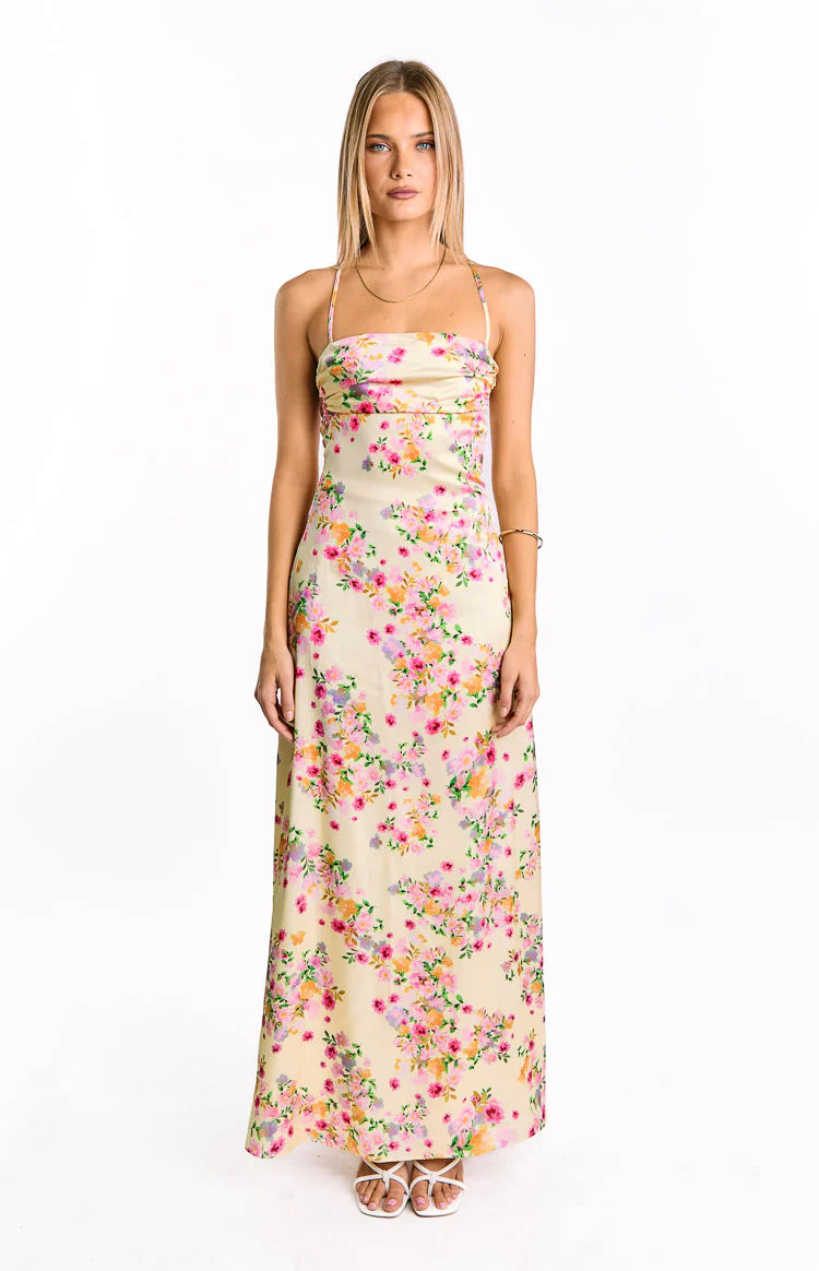 Blaise Bloom Satin Maxi Dress | Yellow