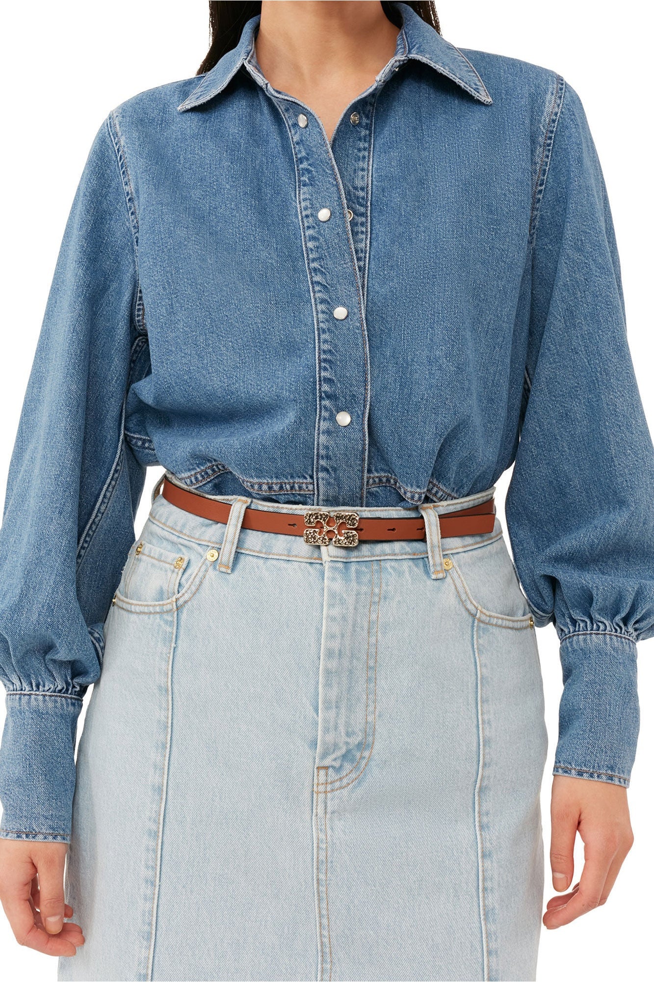 Bleach Denim Peplum Midi Skirt | Light Blue Stone