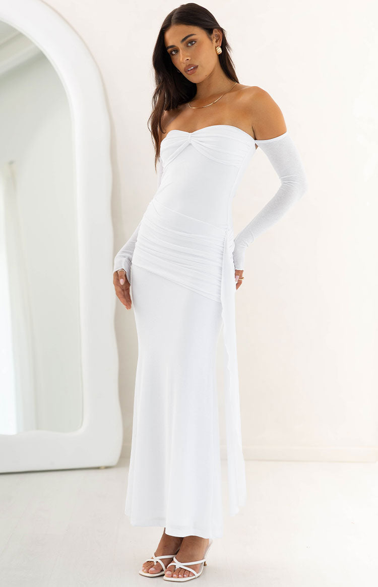 White strapless maxi dress with twisted bust, off-shoulder long mesh sleeves, and side ruching with a flowing panel