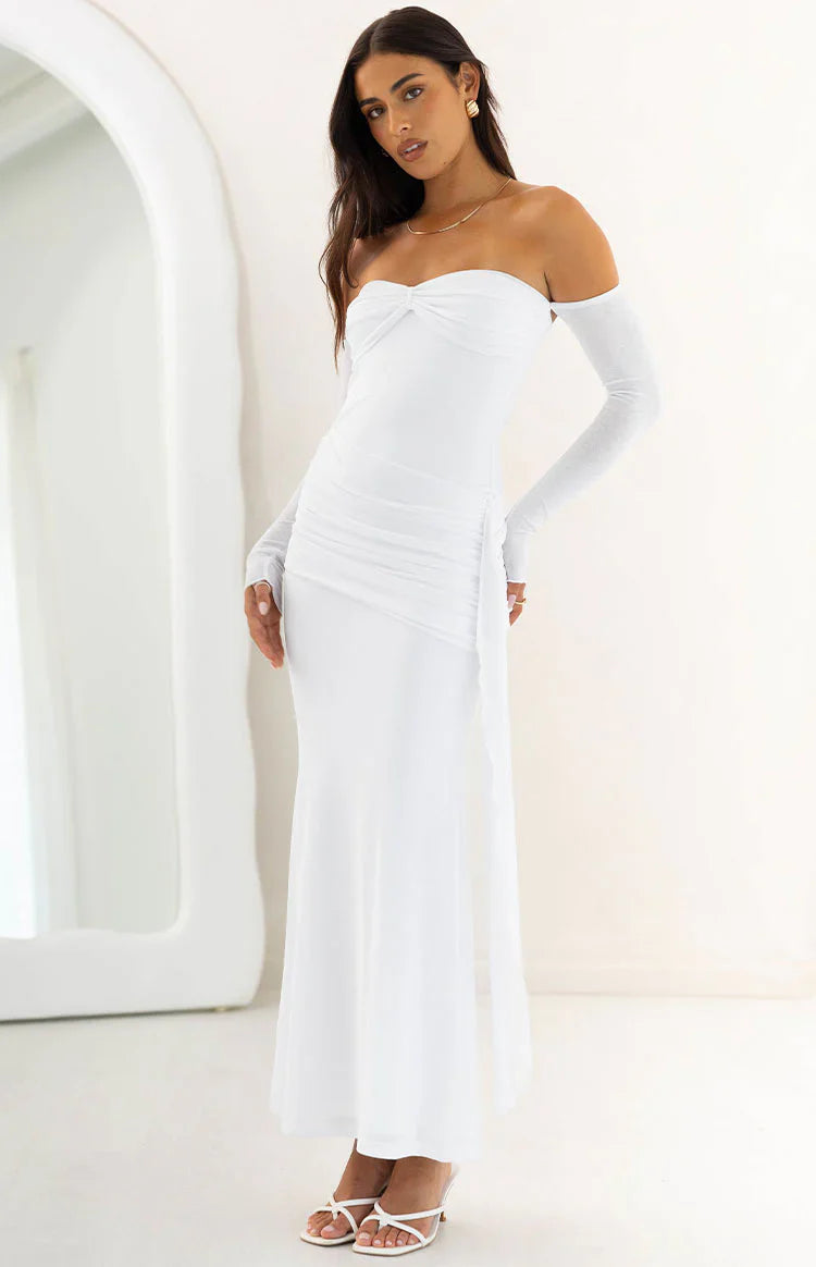 Breanna Long Sleeve Ruched Maxi Dress | White