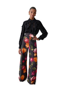 Embroidered Long Sleeve Collared Ruffled Top | Black