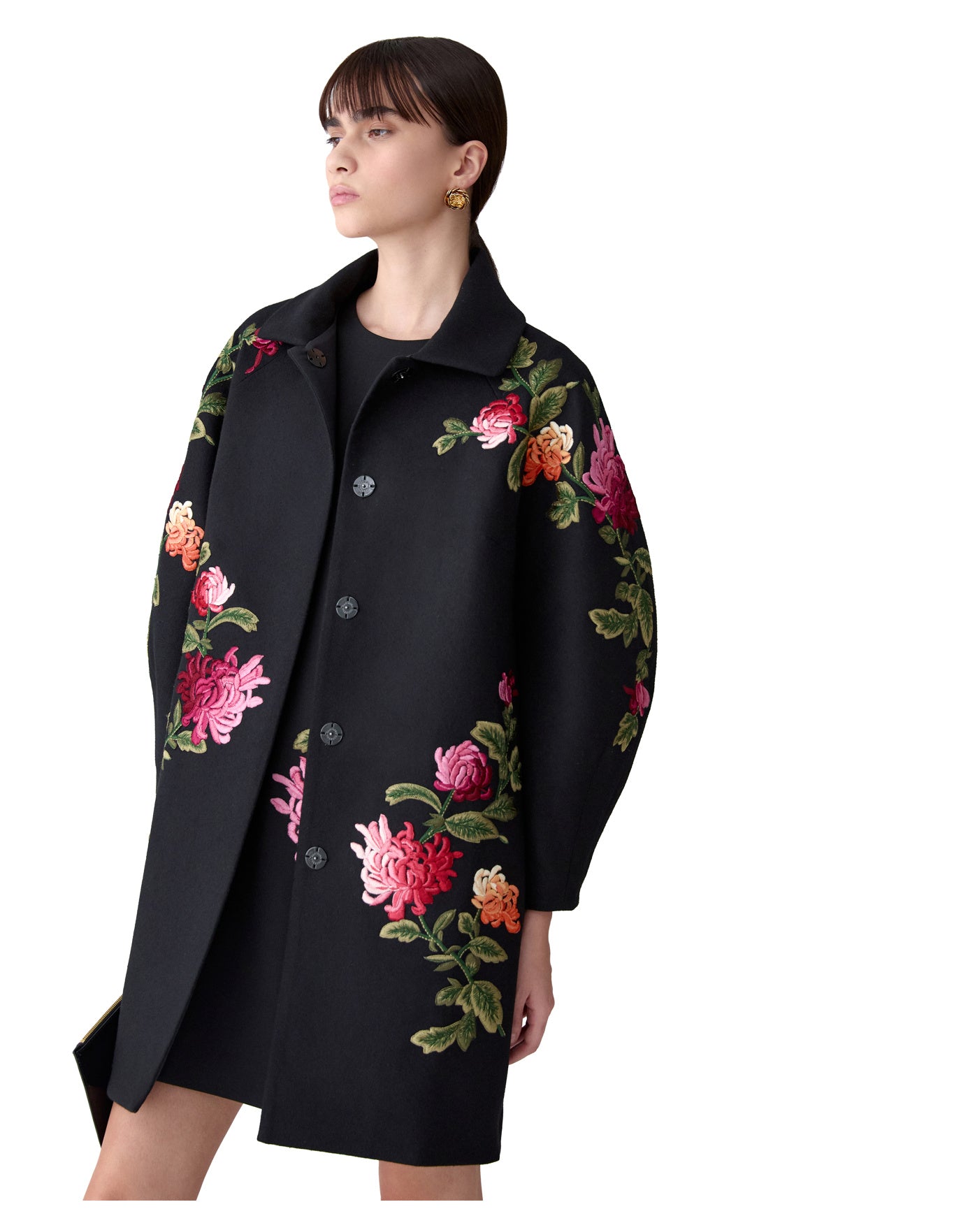 Embroidered Cocoon Sleeve Coat | Black Multi