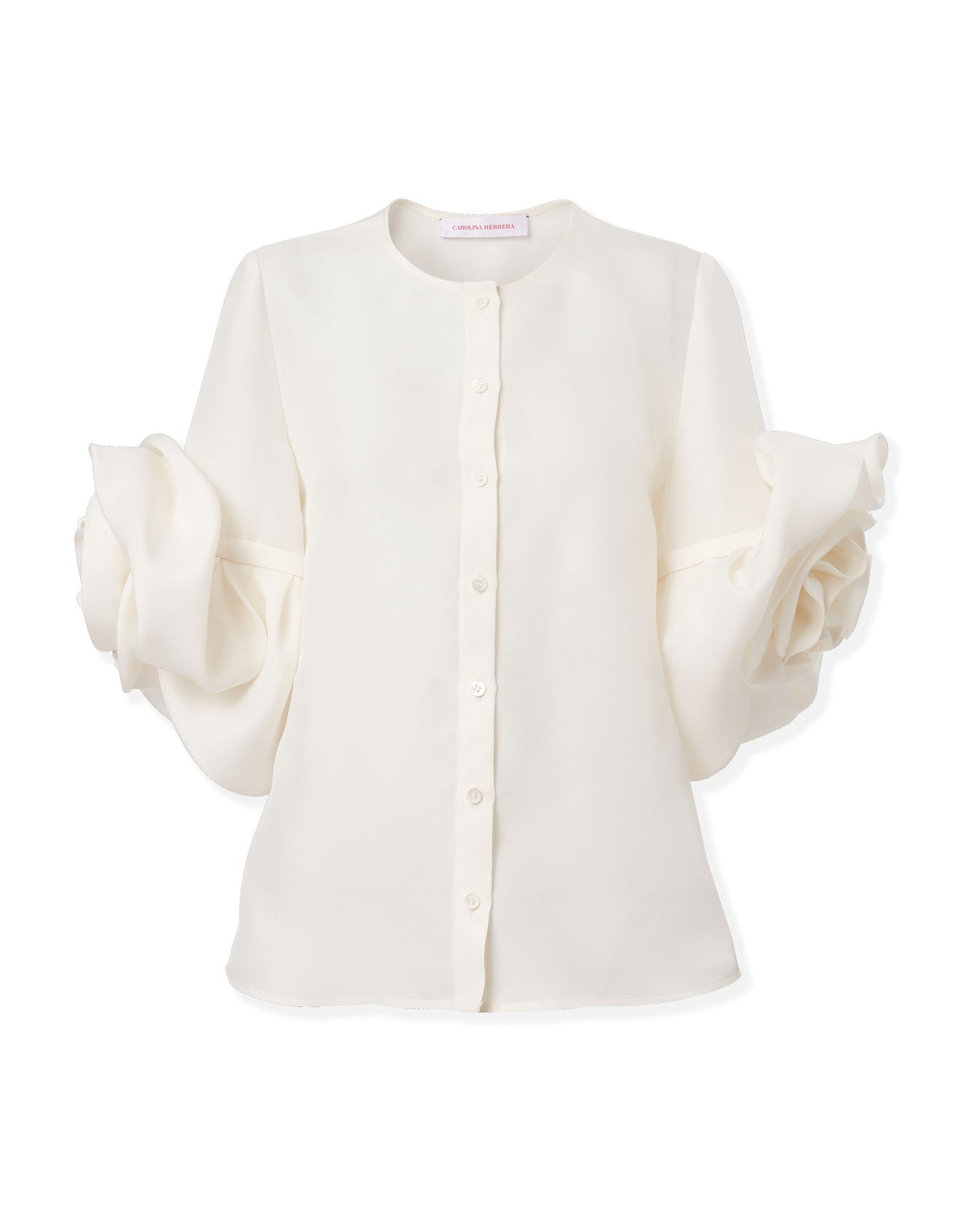 3/4 Flower Sleeve Button Down Top | White