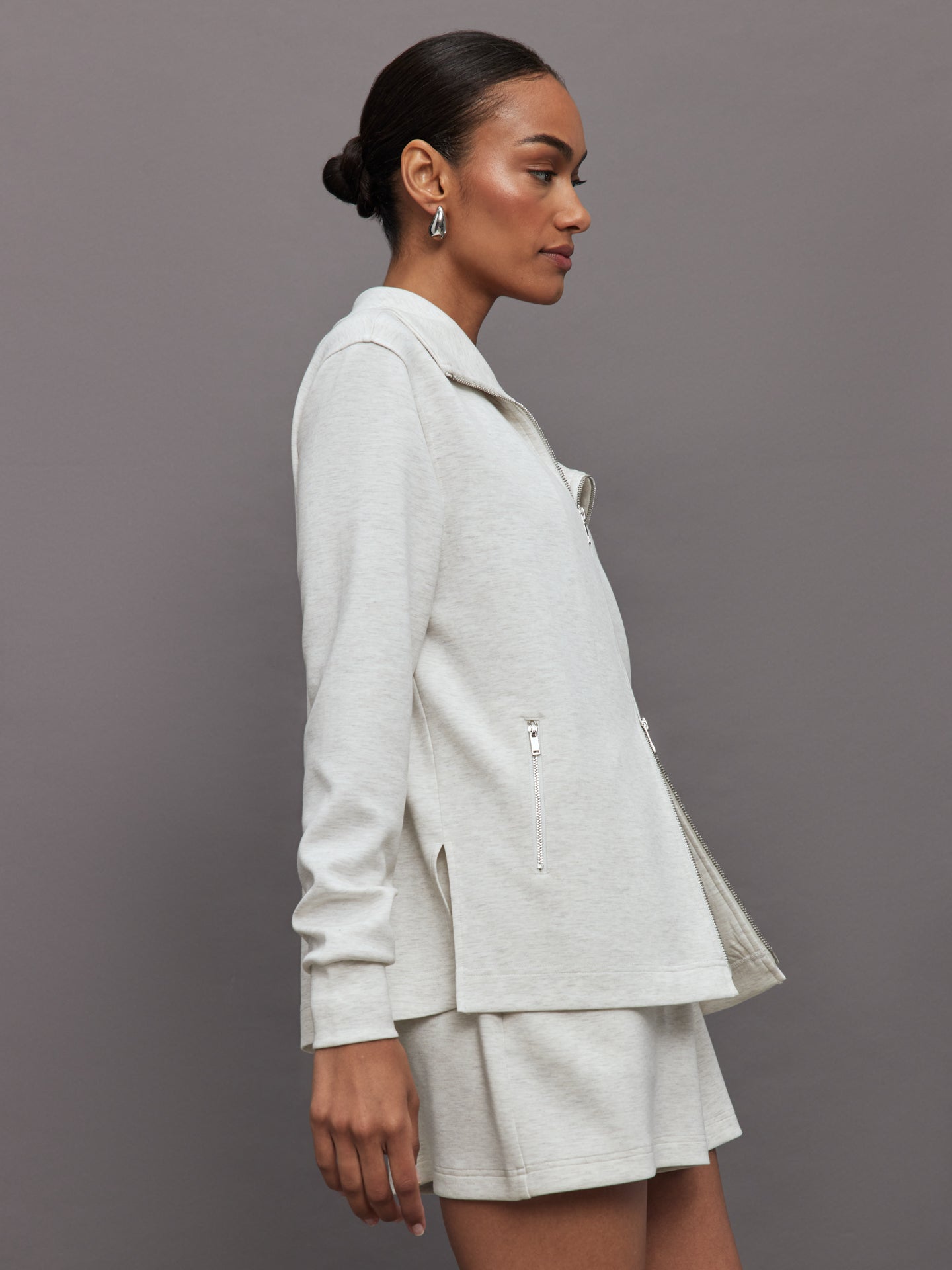 Carbon38 | Knit Jacket With Asymmetrical Zip In Interlock | Moonbeam Heather