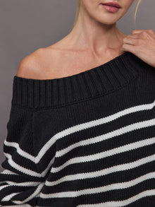 Carbon38 | Slouchy Off Shoulder Sweater | Black / White Stripe
