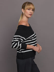 Carbon38 | Slouchy Off Shoulder Sweater | Black / White Stripe