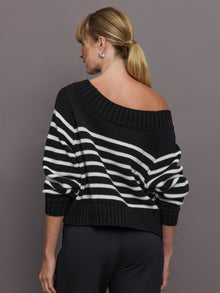 Carbon38 | Slouchy Off Shoulder Sweater | Black / White Stripe