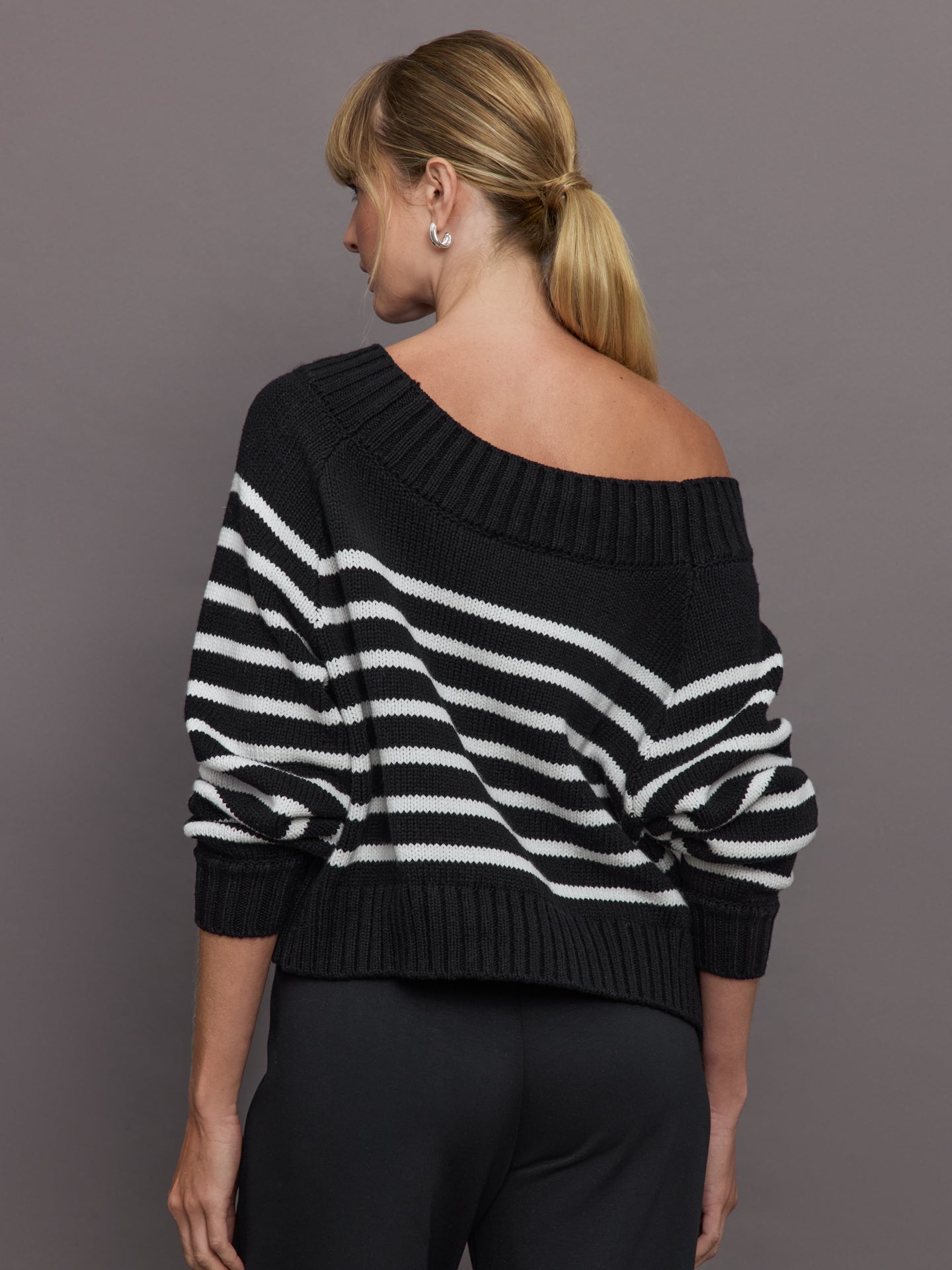 Carbon38 | Slouchy Off Shoulder Sweater | Black / White Stripe