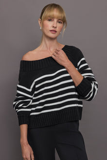 Carbon38 | Slouchy Off Shoulder Sweater | Black / White Stripe