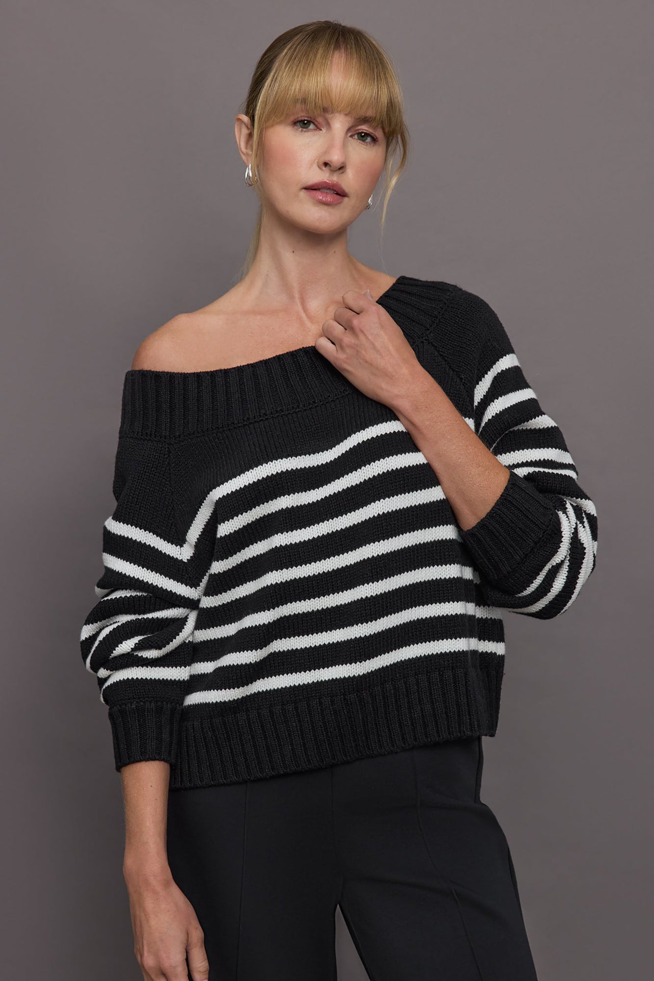 Carbon38 | Slouchy Off Shoulder Sweater | Black / White Stripe
