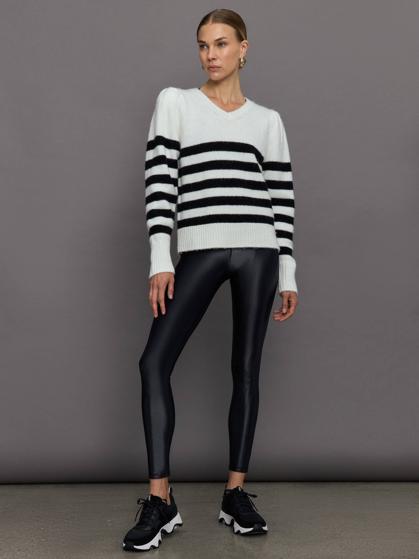 Striped Puff Sleeve Sweater | Cream/ Black