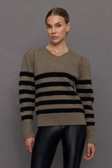 Carbon38 | Striped Puff Sleeve Sweater | Stone/ Black