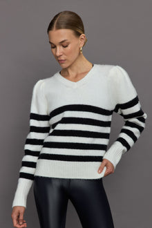 Carbon38 | Striped Puff Sleeve Sweater | Cream/ Black