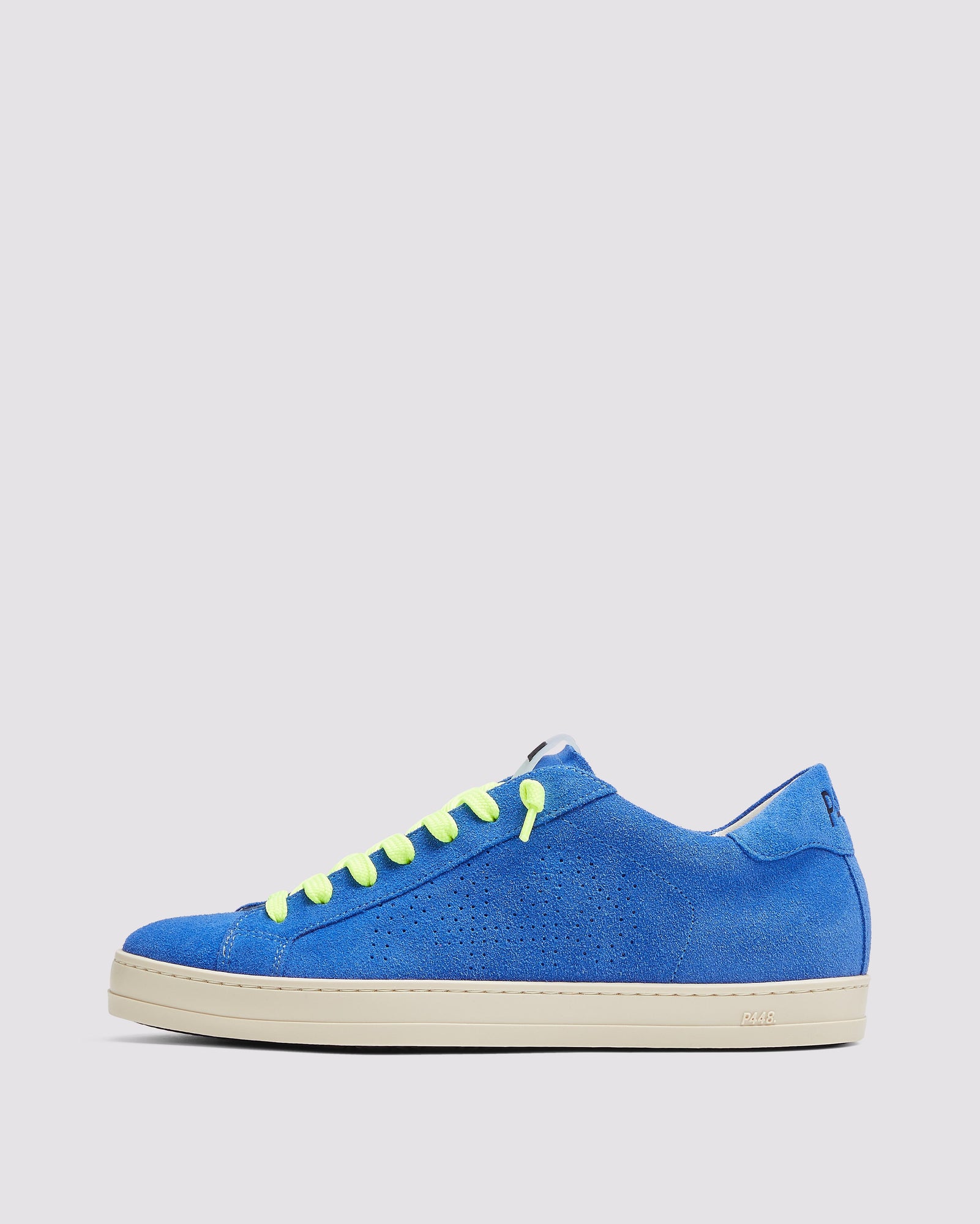 Side angle of the left blue sneaker with yellow laces and right orange sneaker with purple laces