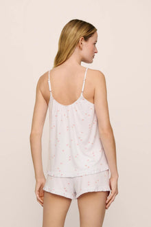 Model is wearing Gisele TENCEL Printed Modal Ruffle Cami & Shortie Short Set in SummerDaisyWhite