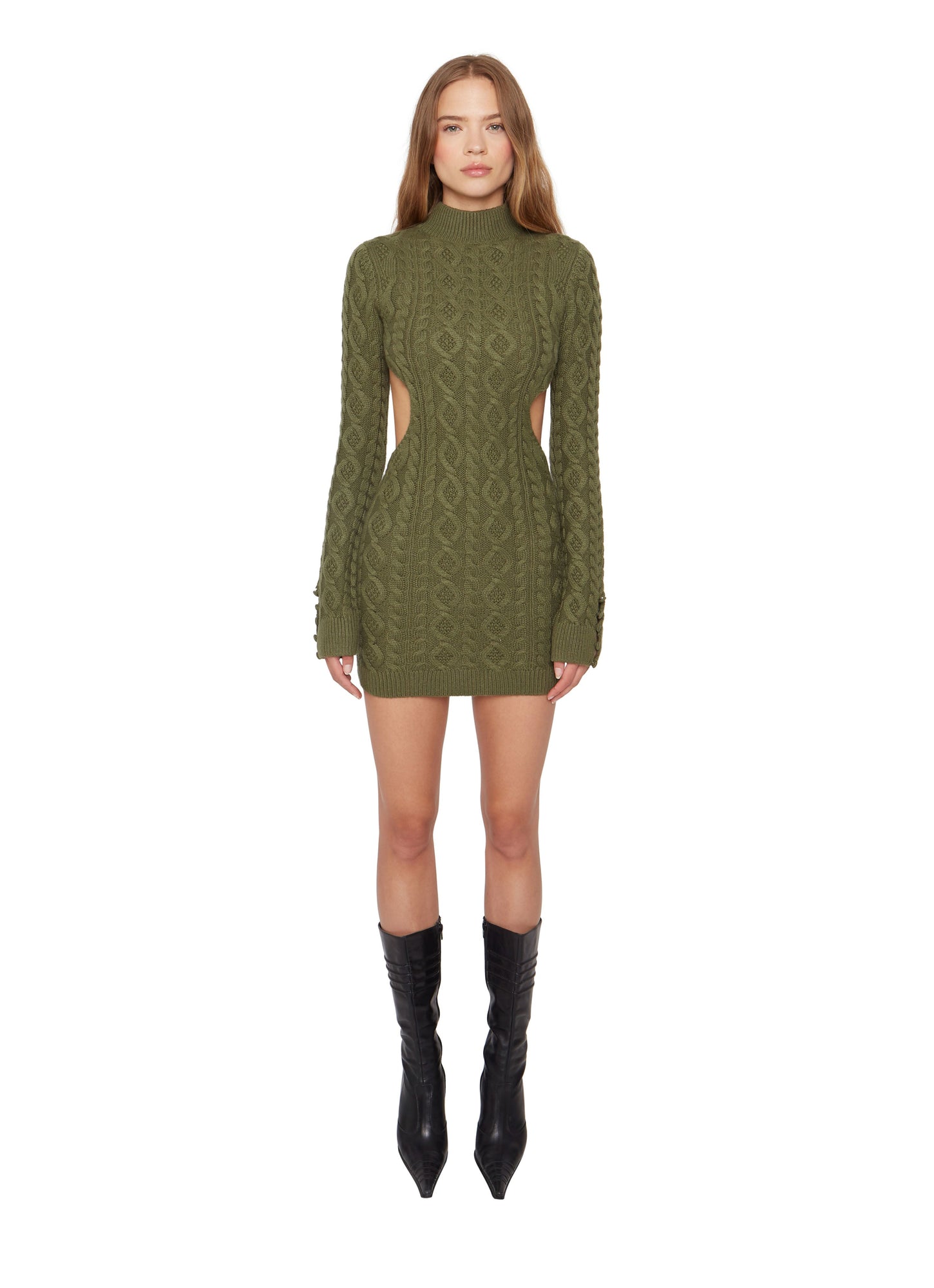 Womens | Cable Knit Backless Turtleneck Dress | Forest Green
