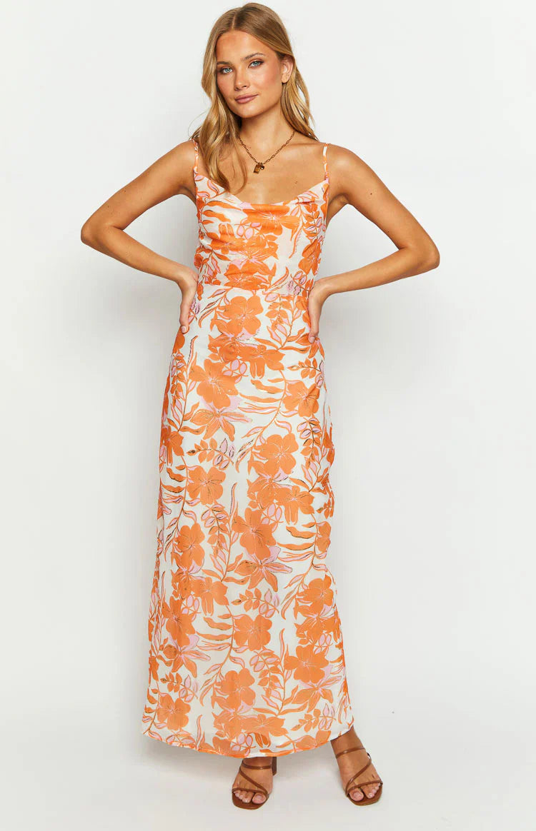 Cambri Floral Chiffon Maxi Dress | Orange