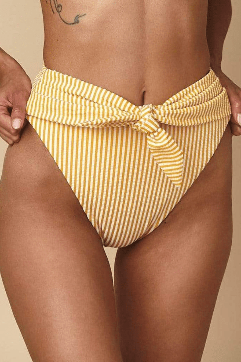 Yellow and white striped bikini bottom with tie-up closure at center front.