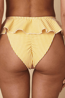 Yellow and white striped bikini bottom with ruffled edges at the leg openings.