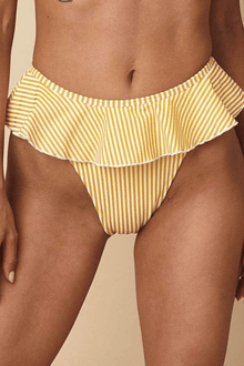 Yellow and white striped bikini bottom with ruffled waistband and leg openings.