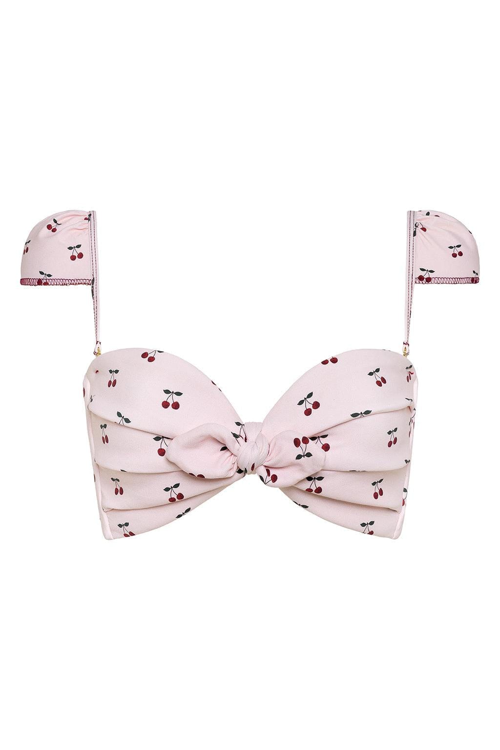 Light pink bikini top with red and dark cherry print throughout and a knotted bow front center.