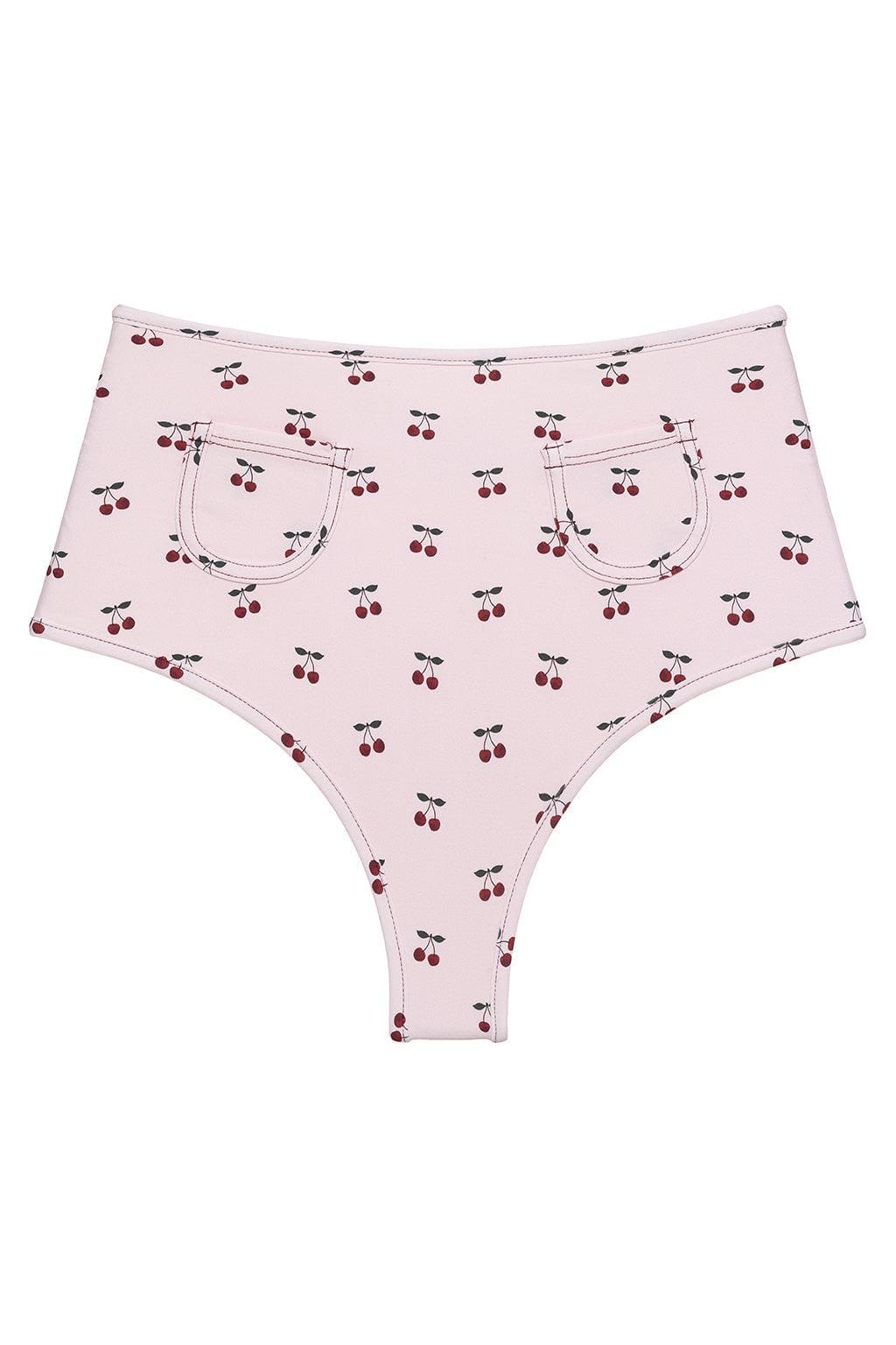 Pink bikini bottom with red cherry print and front patch pockets.