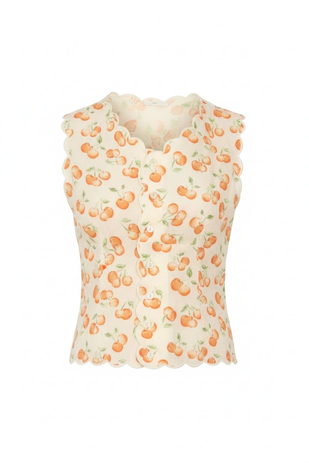 Cream sleeveless vest with orange cherry and green leaf print and scalloped neckline and armholes.