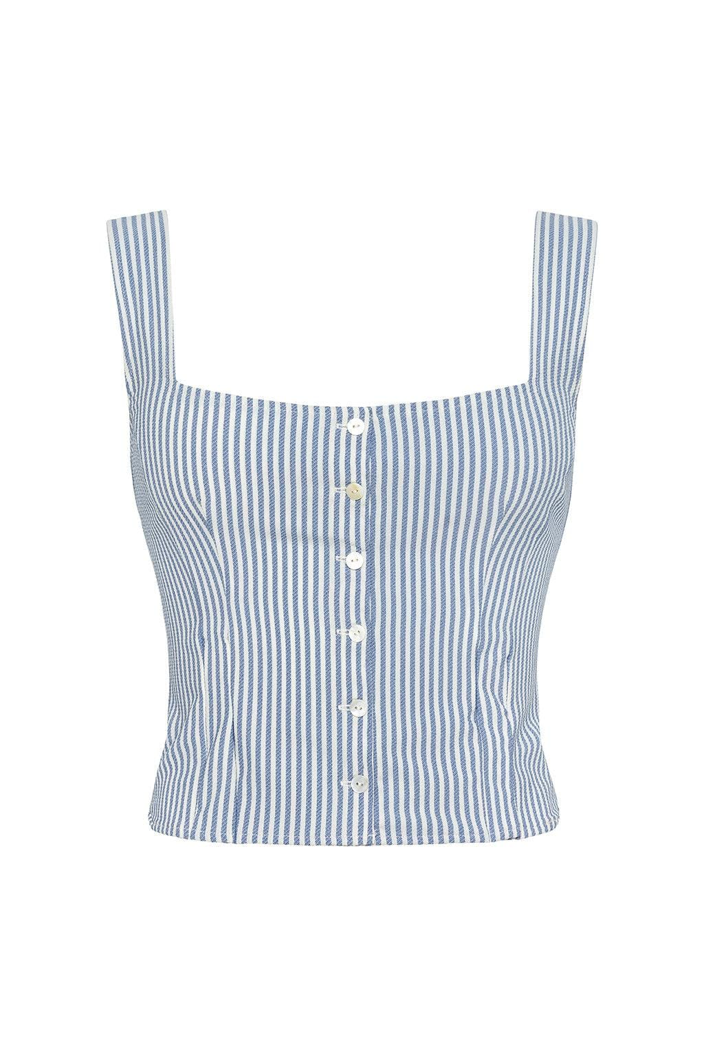 Blue and white striped sleeveless top with square neckline and front button closure.