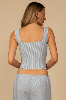 Blue and white striped sleeveless tank top with scoop neckline, shown from back view.