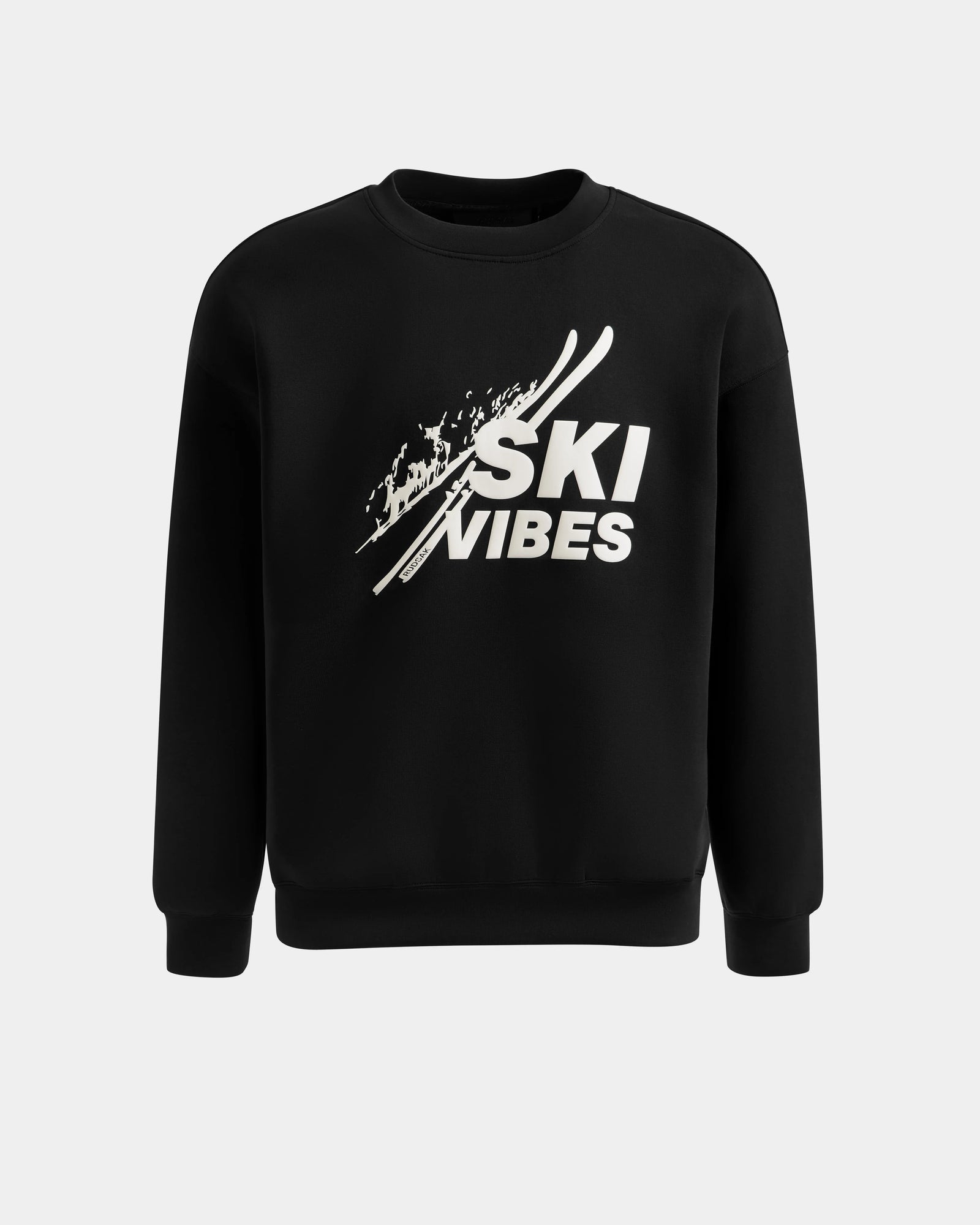 The Rudsak COLSON - M525501 Black men’s crewneck sweatshirt features premium cotton-blend fleece and a front white graphic of ski poles, splashes, and the bold SKI VIBES logo.
