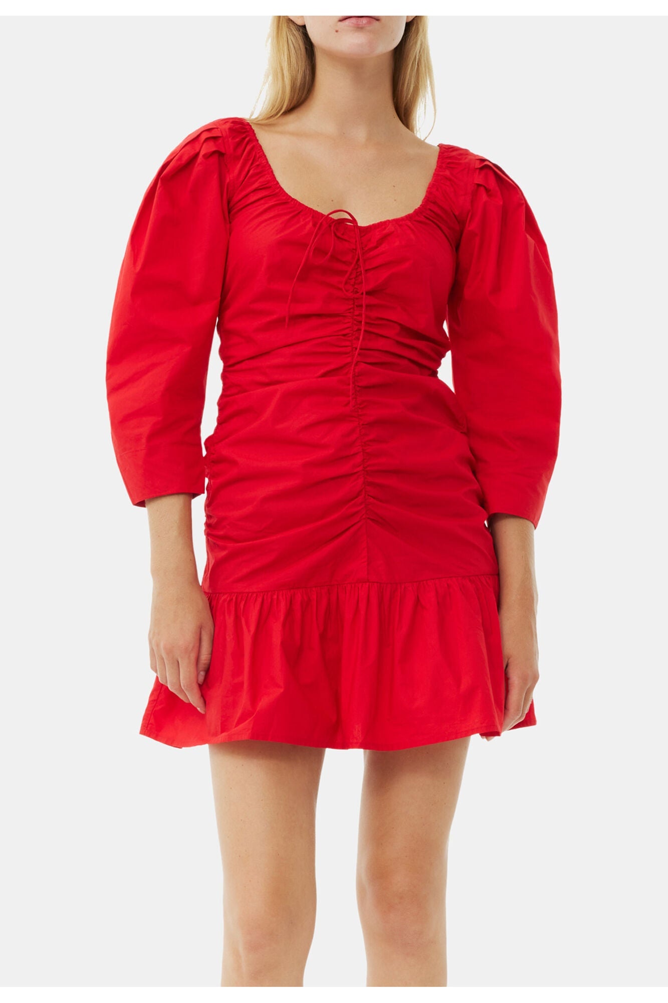 Cotton Poplin Gathered U neck Mini Dress | Racing Red