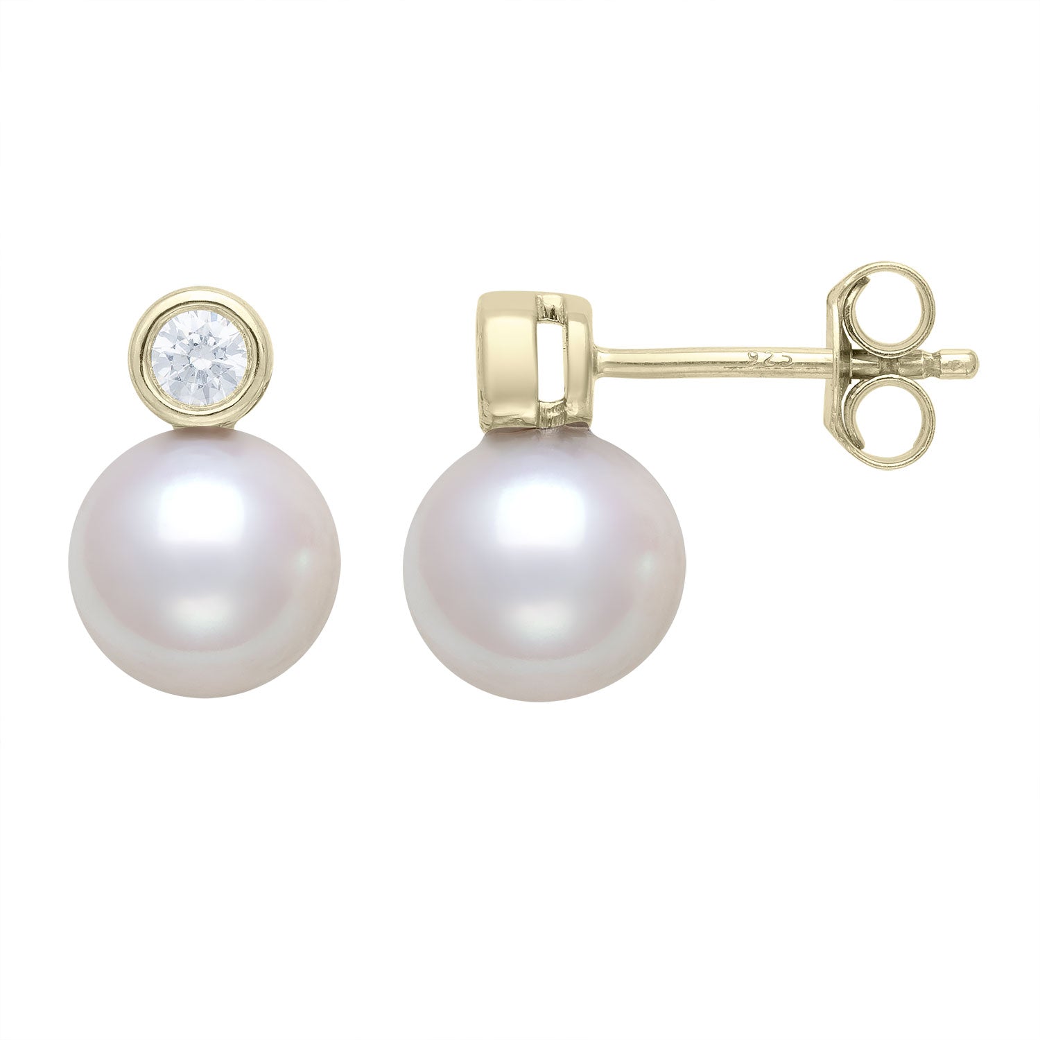 Round Stud Earrings | 14K Yellow Gold | 0.18 Carat Diamond/White Freshwater Pearl | 8mm - 9mm | H-I-I2-I3