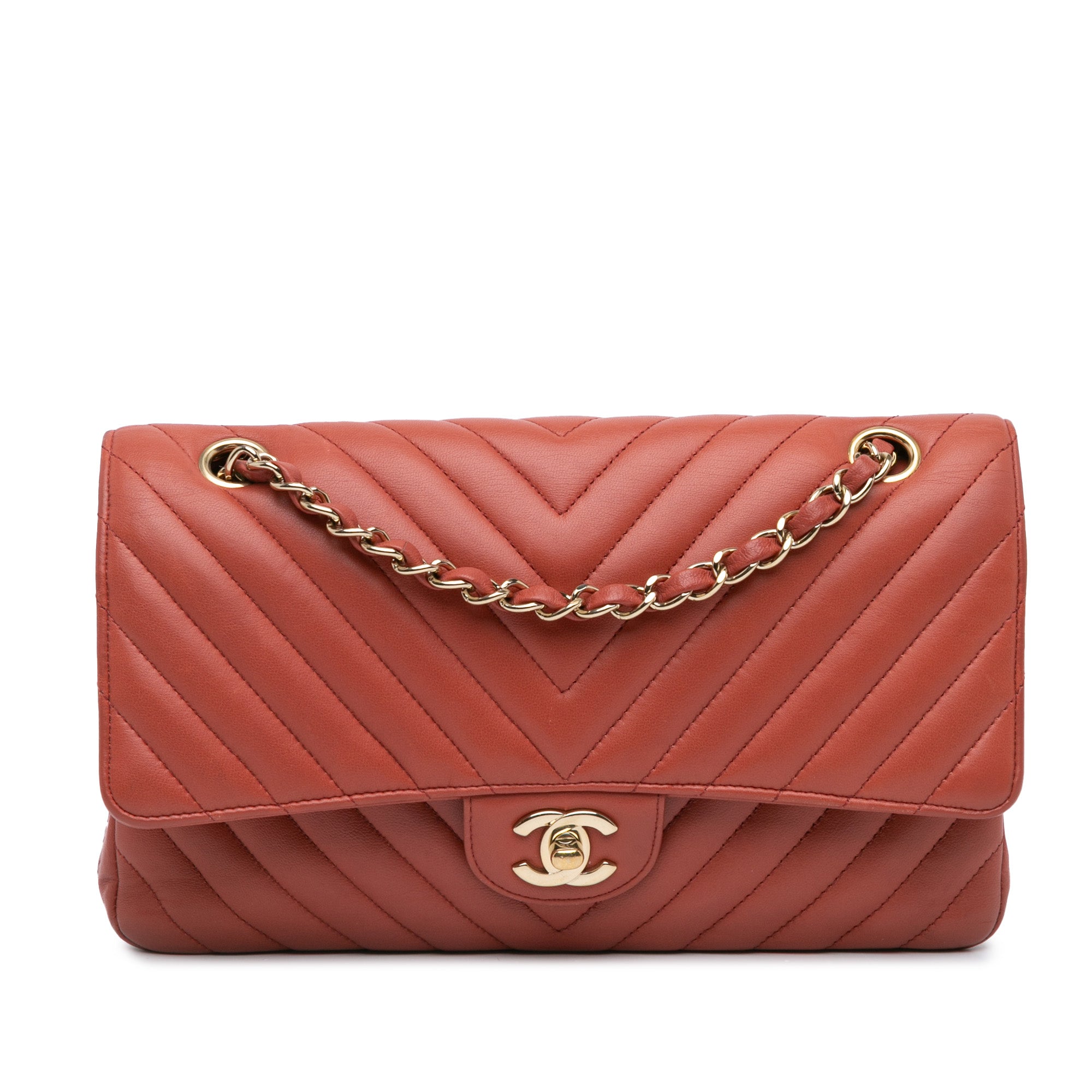 Chanel | Pre-Owned Medium Classic Chevron Lambskin Double Flap | Orange/Dark Orange