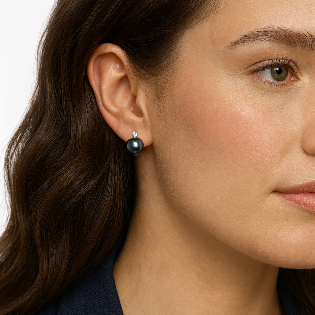 Round Stud Earrings | 14K Yellow Gold | 0.25 Carat Lab Grown Diamond/Black Tahitian Pearl | 12mm - 13mm | H-I-I2-I3