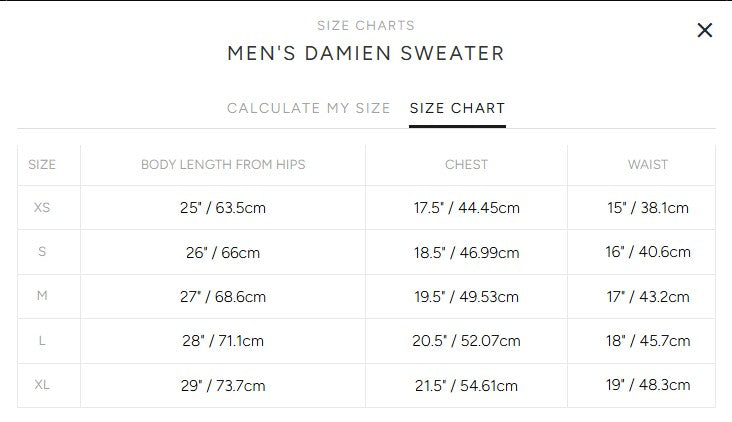Product size guide