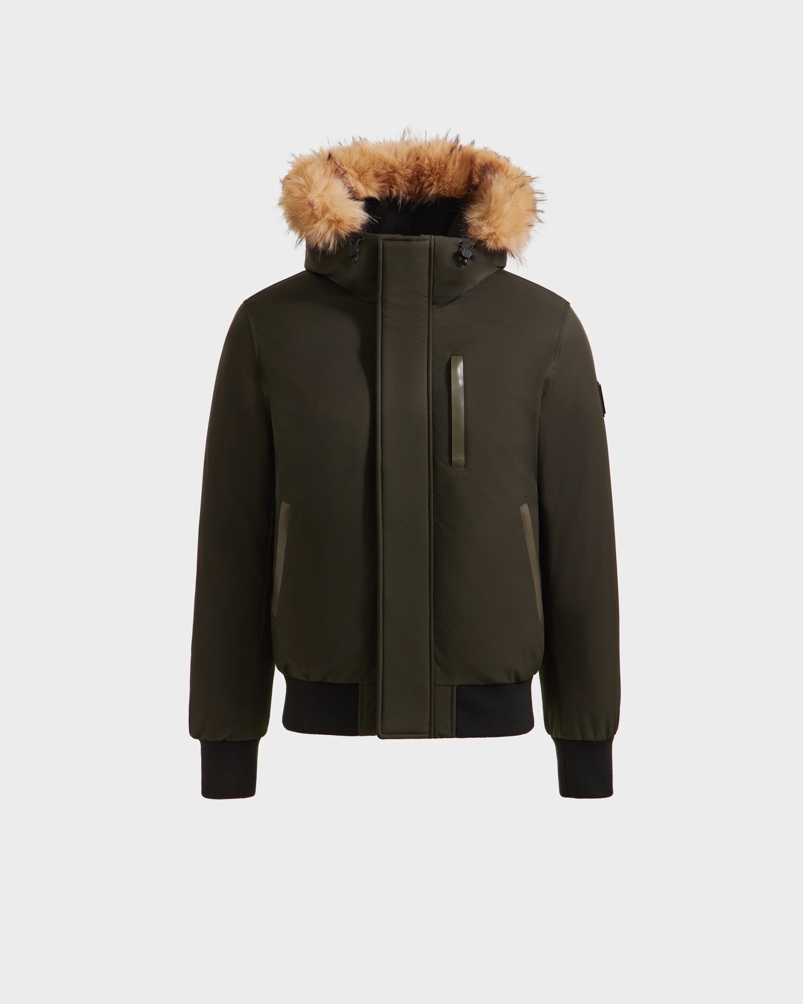 The Rudsak DEACON - M123513 in Dark Olive is a men's bomber-style winter coat with a faux fur-trimmed hood, zip and snap front, chest and side pockets, ribbed cuffs and hem, shown on a plain white background.